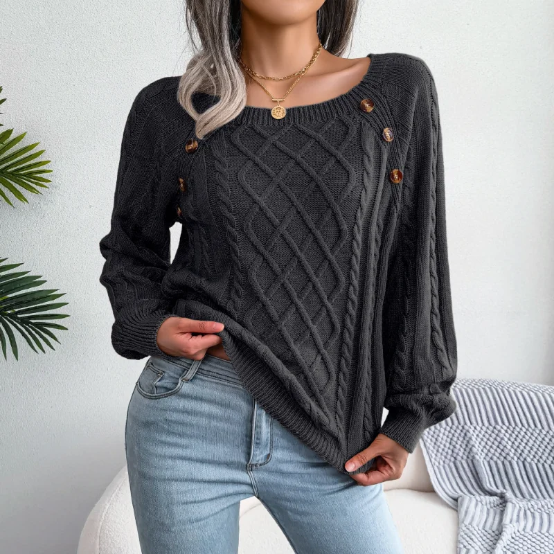 Autumn and Winter 2023 New Casual Square Neck Raglan Sleeve Geometric Casual Basics Office Lady Knitting Female Pullover Sweater