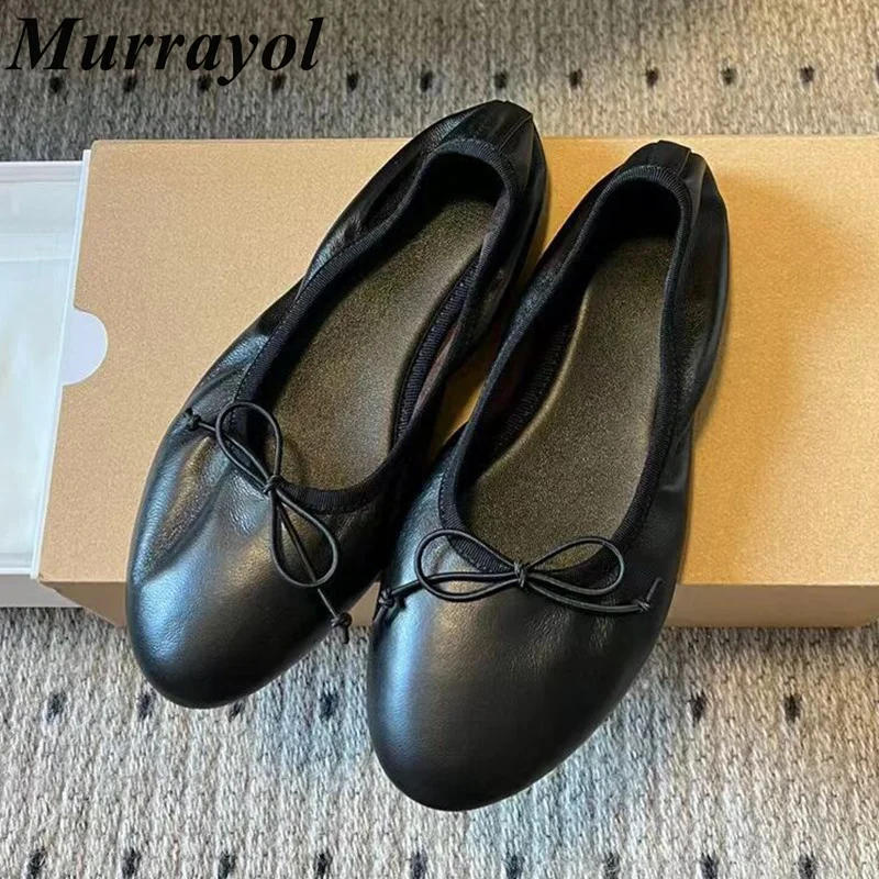 Zapatos de Ballet de cuero genuino con punta redonda para mujer, decoración con nudo de mariposa, zapatos Mary Jane de fondo plano, zapatos individuales versátiles de verano