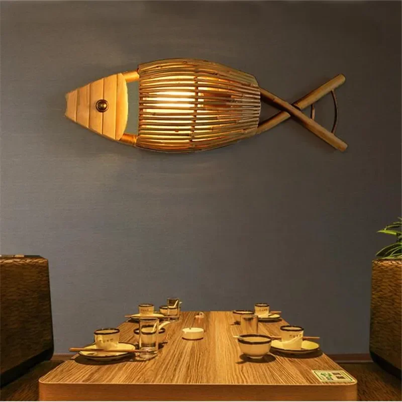 Creative Chinese Country Style Handmade Bamboo Fish Led E27 Wall Lamp For Restaurant Bar Aisle Living