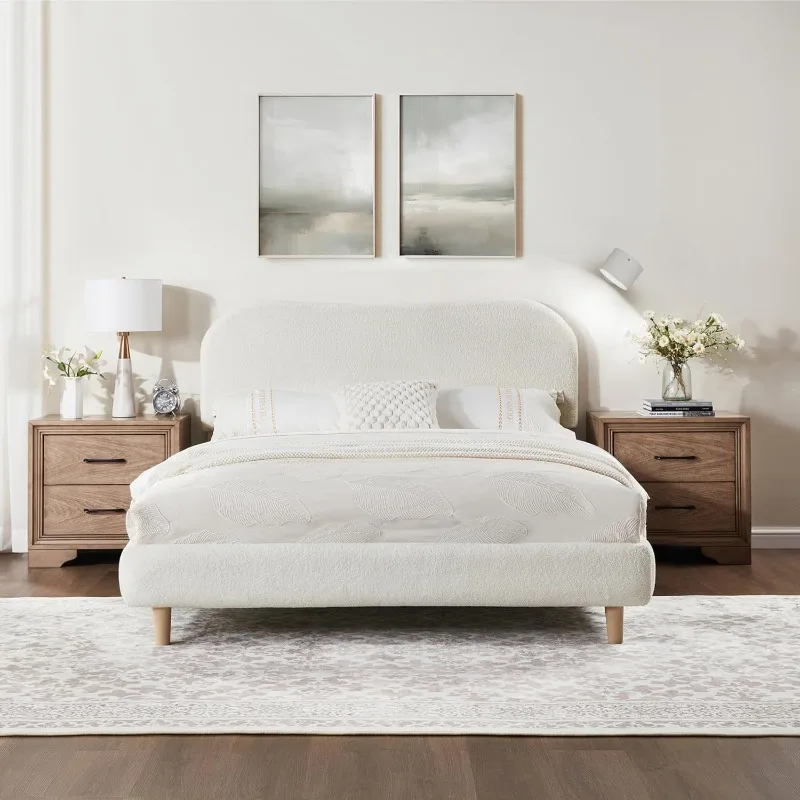Queen Size Boucle Bed Frame, Upholstered Cloud Platform Bed with Adjustable Headboard, Plush Padding, Solid Wood Legs,