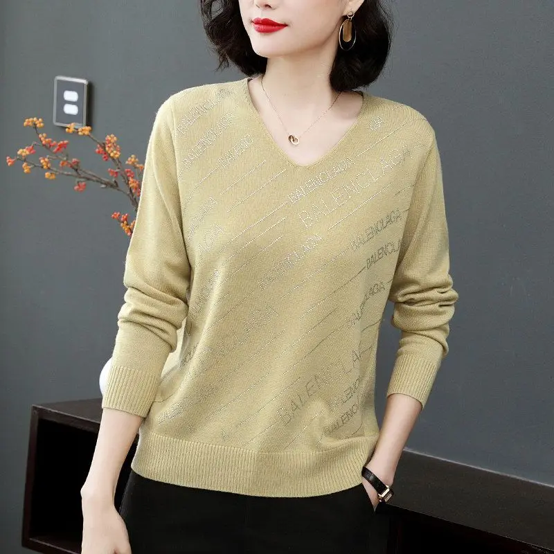 

Spring Autumn New Knitwear Fashion Casual and Beautiful Women's Long Sleeve Loose Pullover Bottom V-Neck Printing Sweater Tops