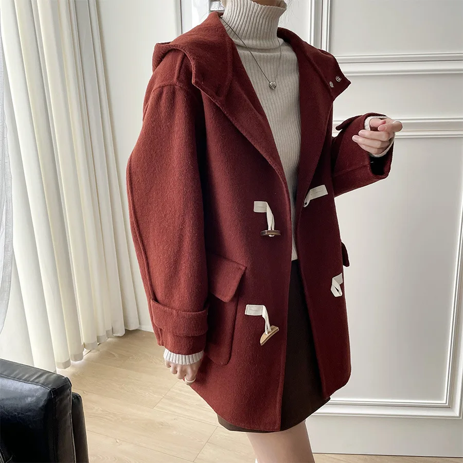 Temperament Hooded woolen jacket Winter clothing New loose medium and long horn buckle coat Women