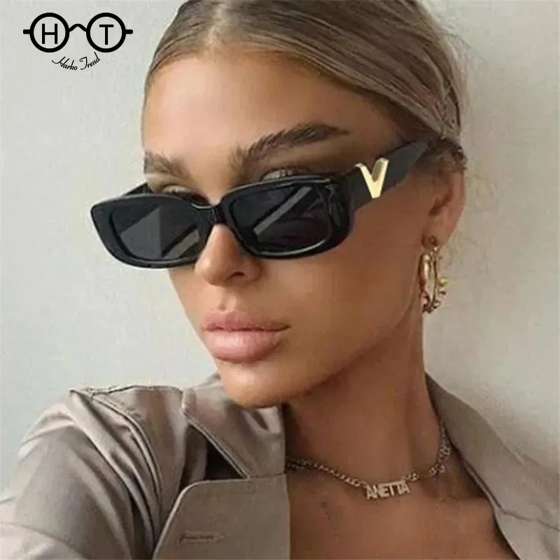 Occhiali da sole rettangolari retrò da donna Designer di marca occhiali da sole Vintage con montatura piccola da donna Classic Black Square Oculos De Sol