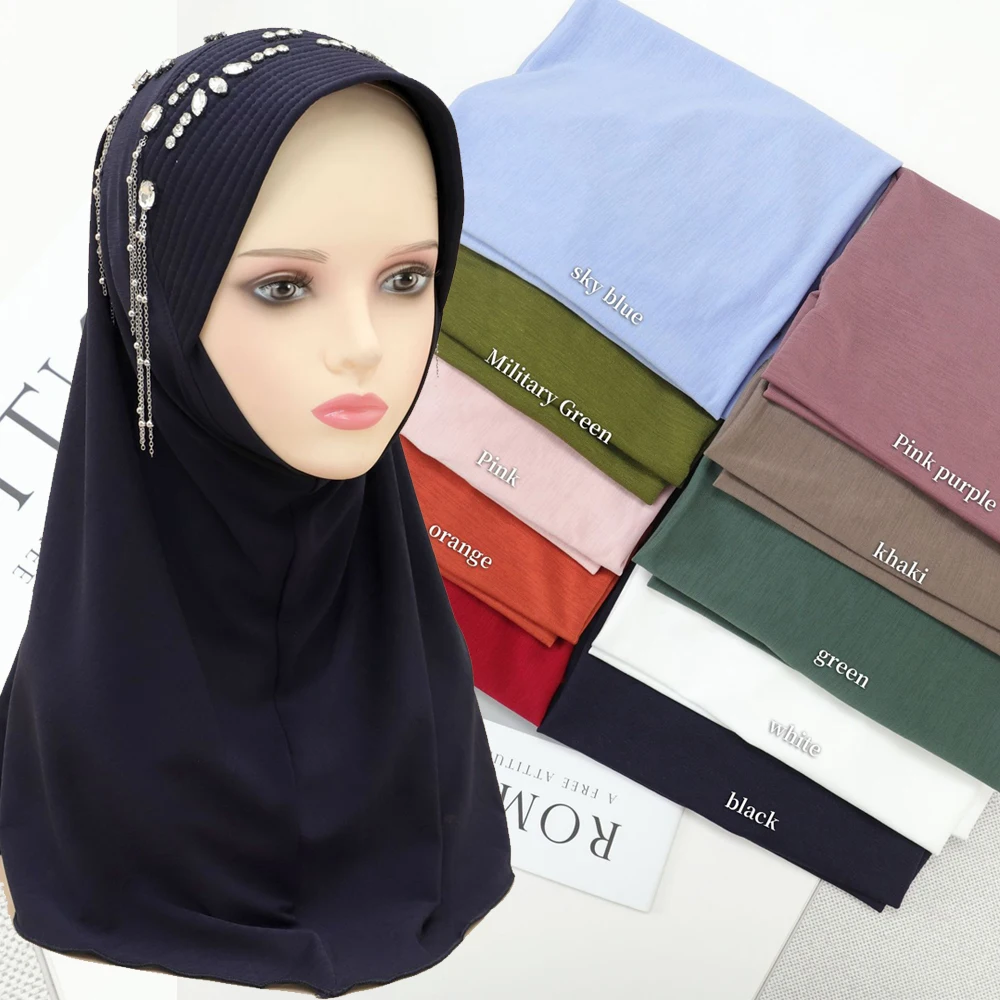 One Piece Amira Headscarf Brim Diamond Fringe Women Instant Scarf Hijab Turban Muslim Head Wrap Scarves Pull On Niqab Hat Nikab