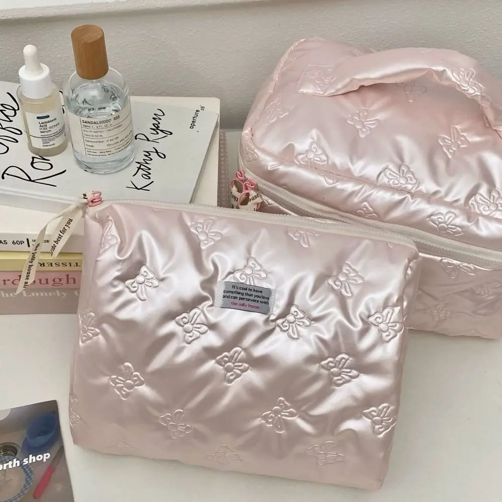 Elegant PU Material Cosmetic Bag Bow Decoration Storage Compartment Makeup Case Multi-function Toiletry Bag Women's Use