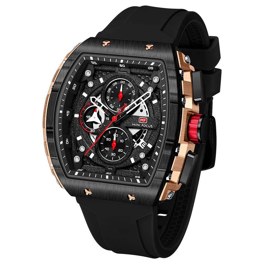 MINIFOCUS Luxury Mens Sports Watch Barrel Curved Glass Waterproof Luminous Automatic Analog Wristwatch for Outdoor & Business