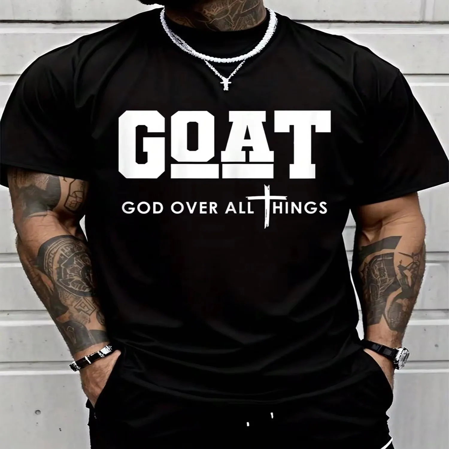 100 Cotton Goat God Over All Things Funny Jesus Christian Printed T-Shirt, Short-Sleeved Crew Neck Casual Top, Suitable For All Seasons gift for men, everyday wear tee