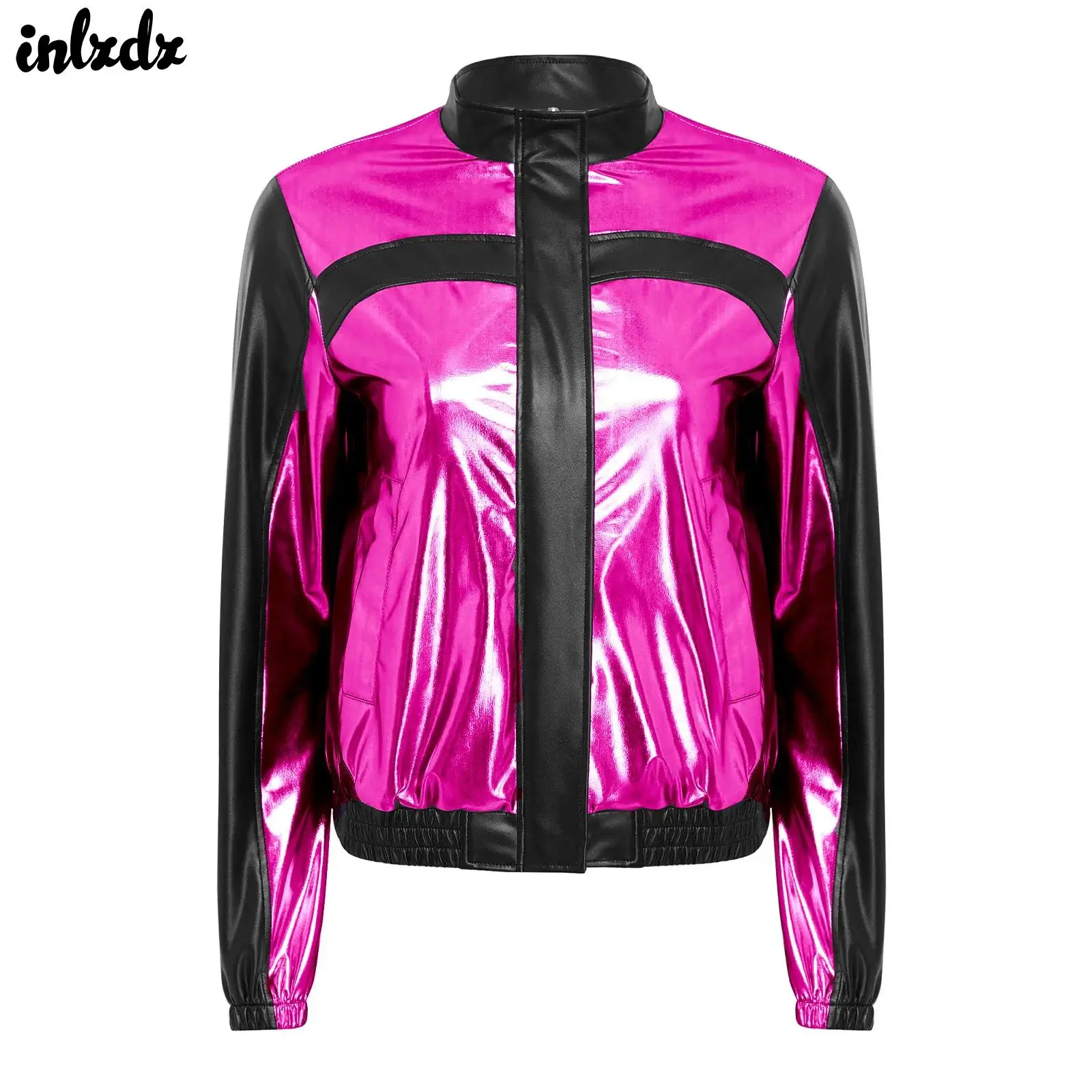 

Women Jazz Disco Dance Performance Costume Disco Parties Jackets Tops Holographic Shiny Party Long Sleeve Zipper Metallic Jacket