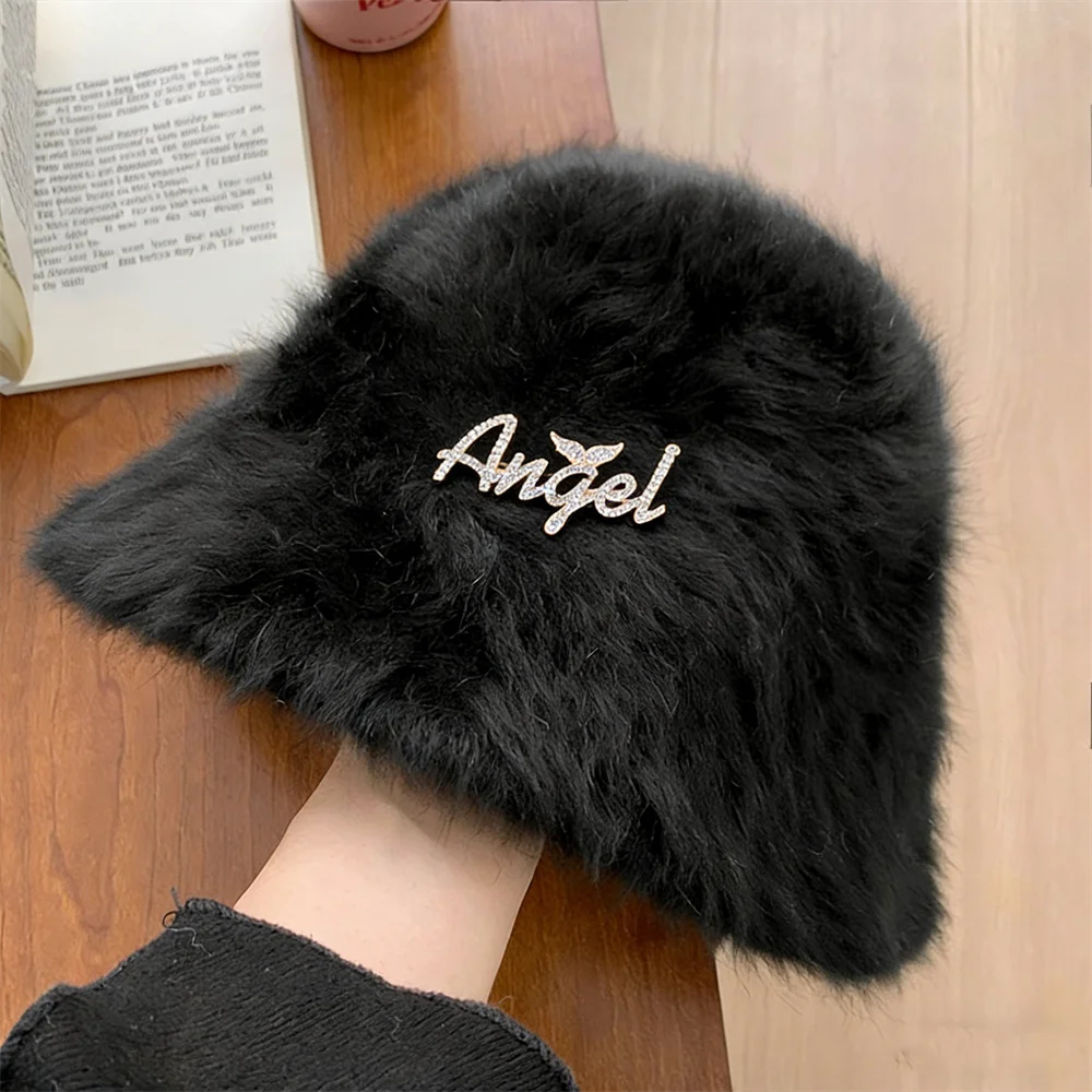 

Warm Faux Rabbit Fur Black Bucket Hat for Ladies Bling Crystal Angel Letter Fashion Plush Fisherman Hat Versatile