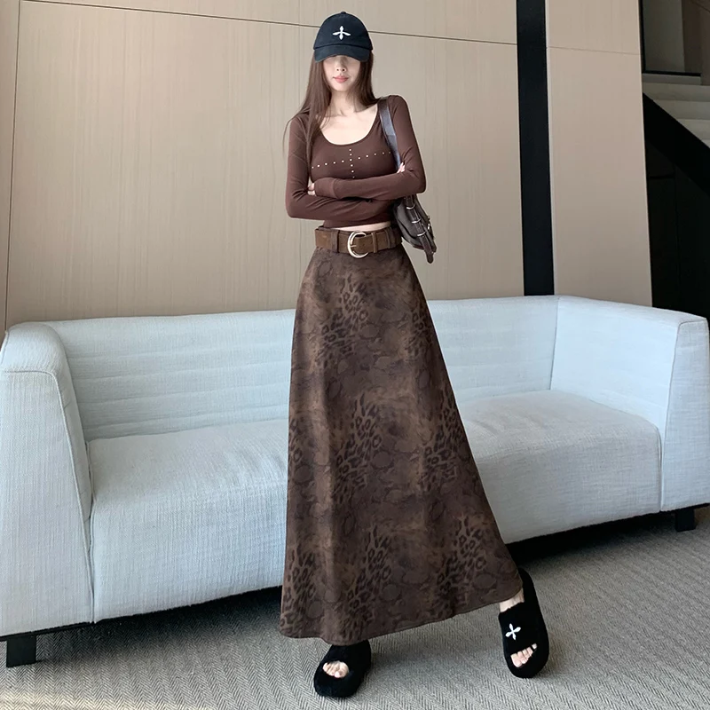 Ele High Waist Coffee Color Printed f Skirt Women's Faion Long Midi Skirt Autumn Winter New Design Slimming Effect