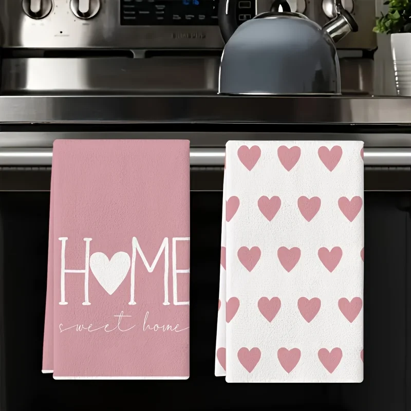 2Pcs, kitchen towel, pink love print, microfiber modern absorbent rag, cooking and baking tea towel.