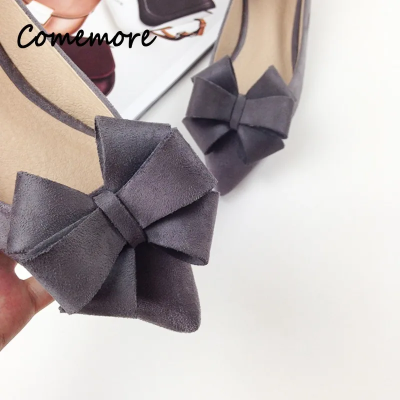 Comemore Women Wedding Shos Flock Leather Big Bowknot Solid Color Shallow Mouth Red 2023 Autumn New Bow Pointed Toe Flat Shoes