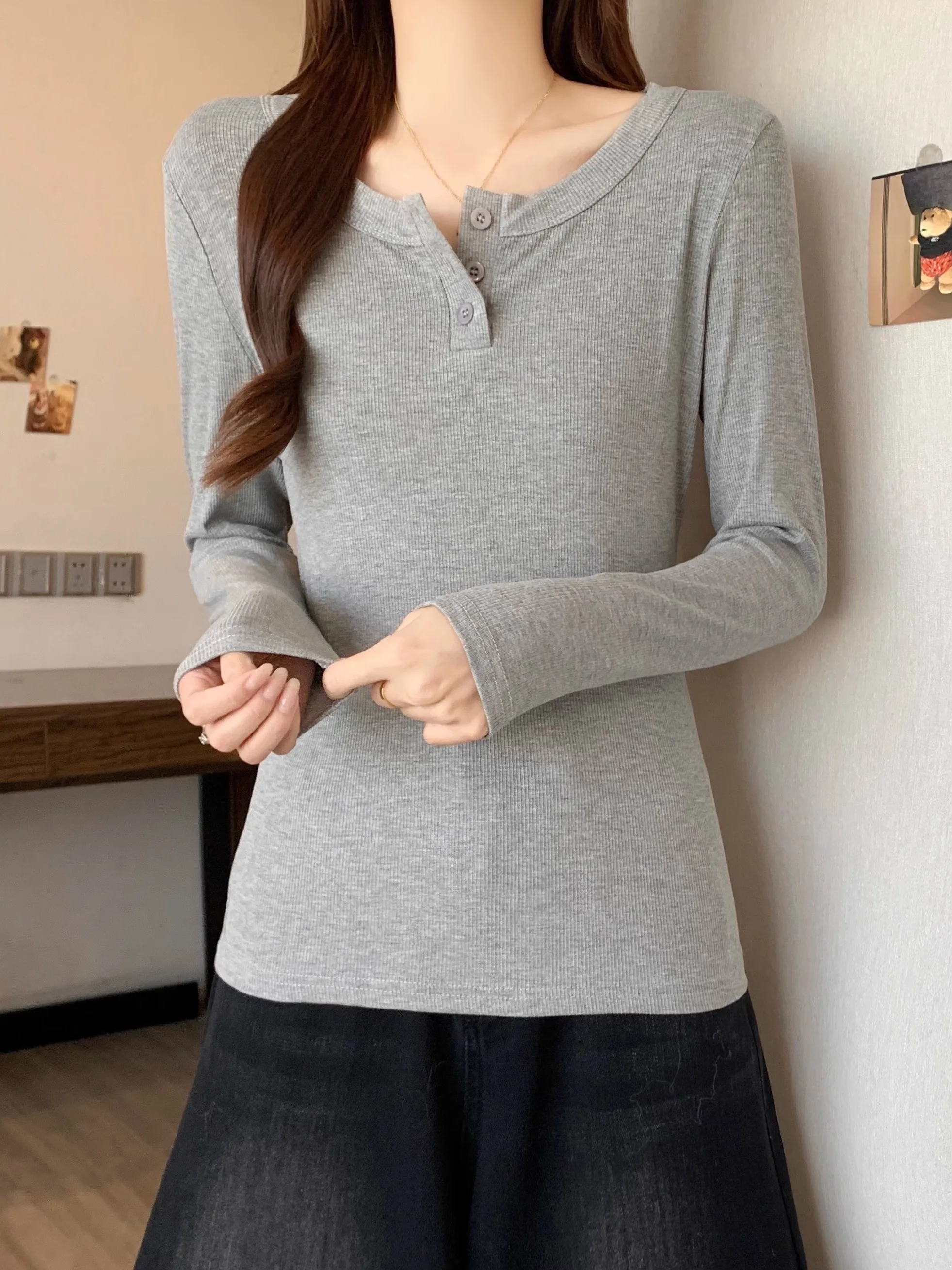 Women's round Neck Long Sleeve Base Shirt Button up Inner Wear plus Size T-Shirt Top for All Seasons Comfortable Fit Commute ...