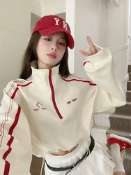 Korean Sweet Sexy Girls Short Jacket Sport Sweatshirt Coat Half Zipper Turtleneck Loose Contrast Color Apricot Pullover Harajuku