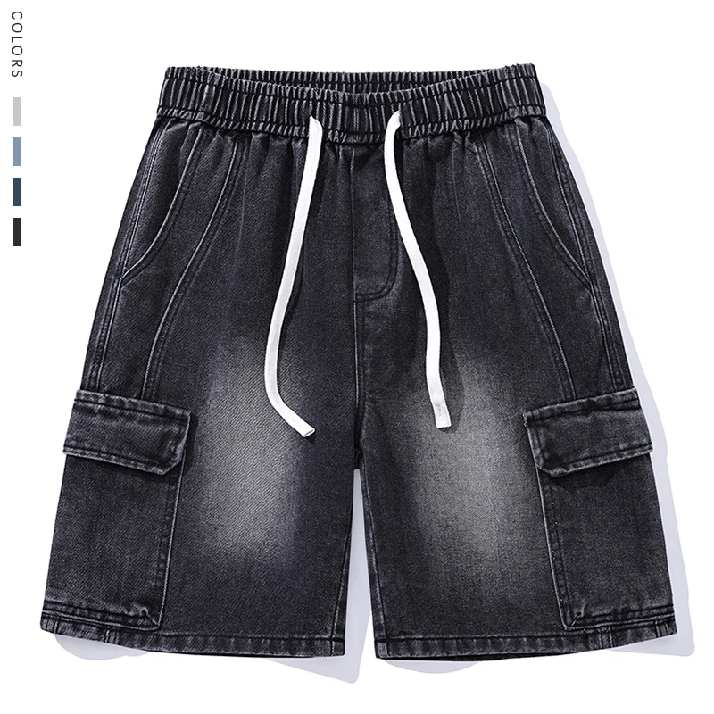 

Retro Smoke Gray Cargo Denim Shorts Men's Knee Length Loose Jeans Big Pocket Design Elastic Waist Fashion Korean Casual Shorts
