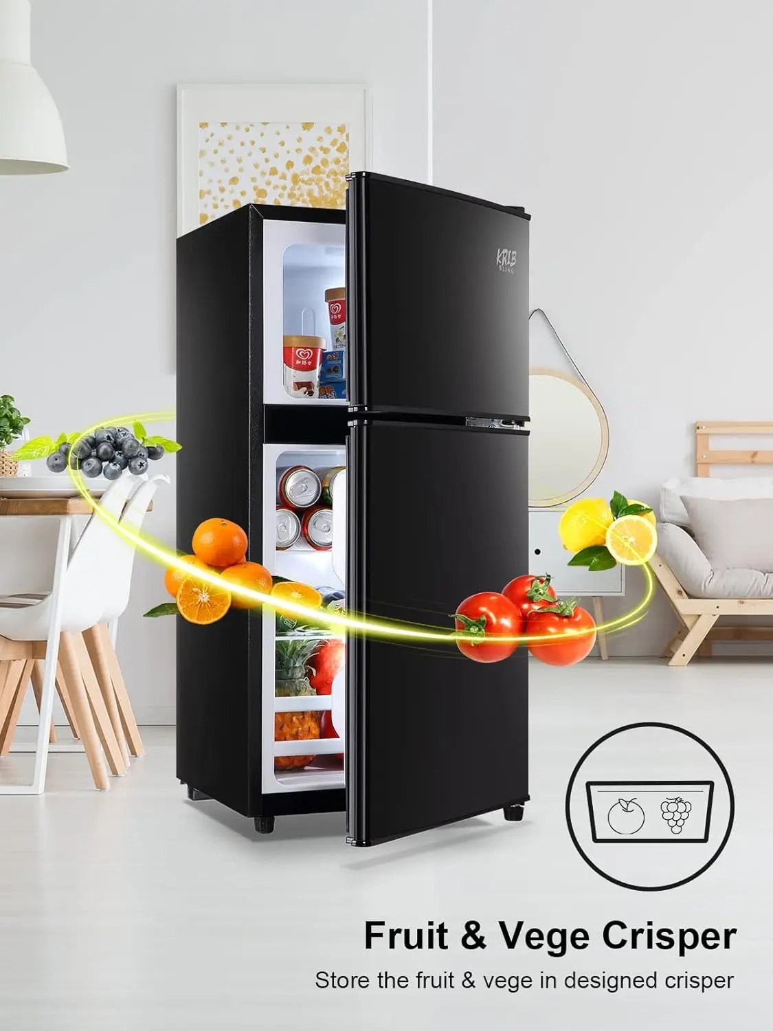 3.5 Cu.Ft Refrigerator 2 Door 7 Level Adjustable Thermostat Control Top-Freezer Refrigerator Lock Fresh Energy Saving Black