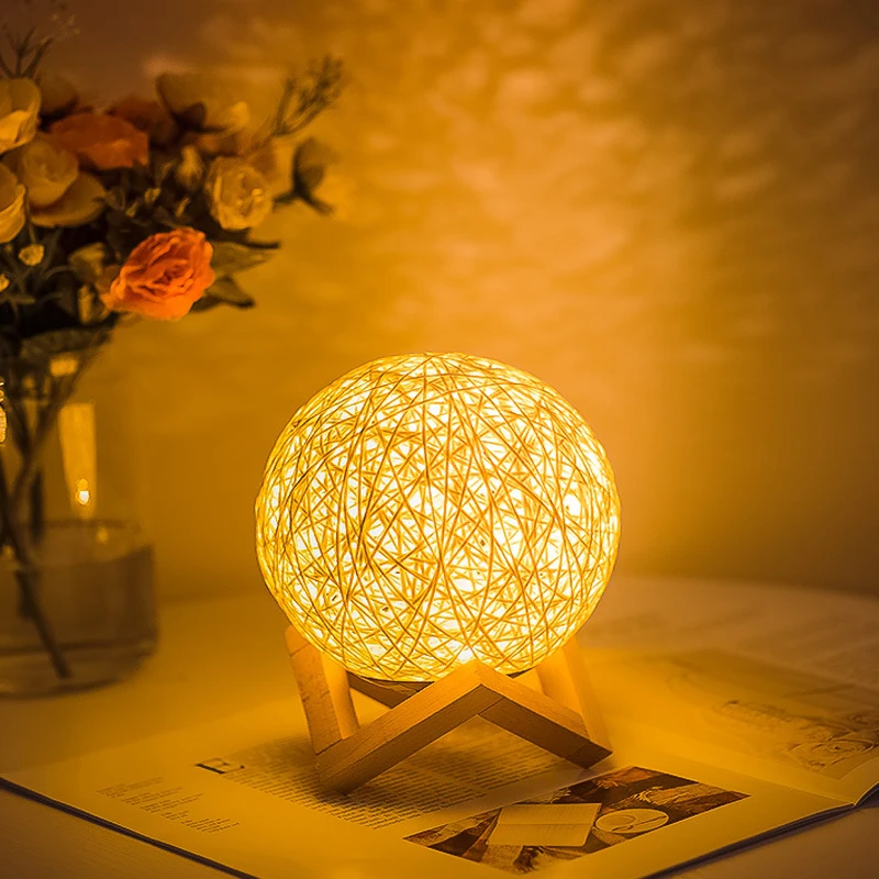 LED Rattan Ball Lamp USB LED Table Lamp Moon Light Night Light Bedside Lamp Desktop Light Bedroom Decor Lighting Creative Gift