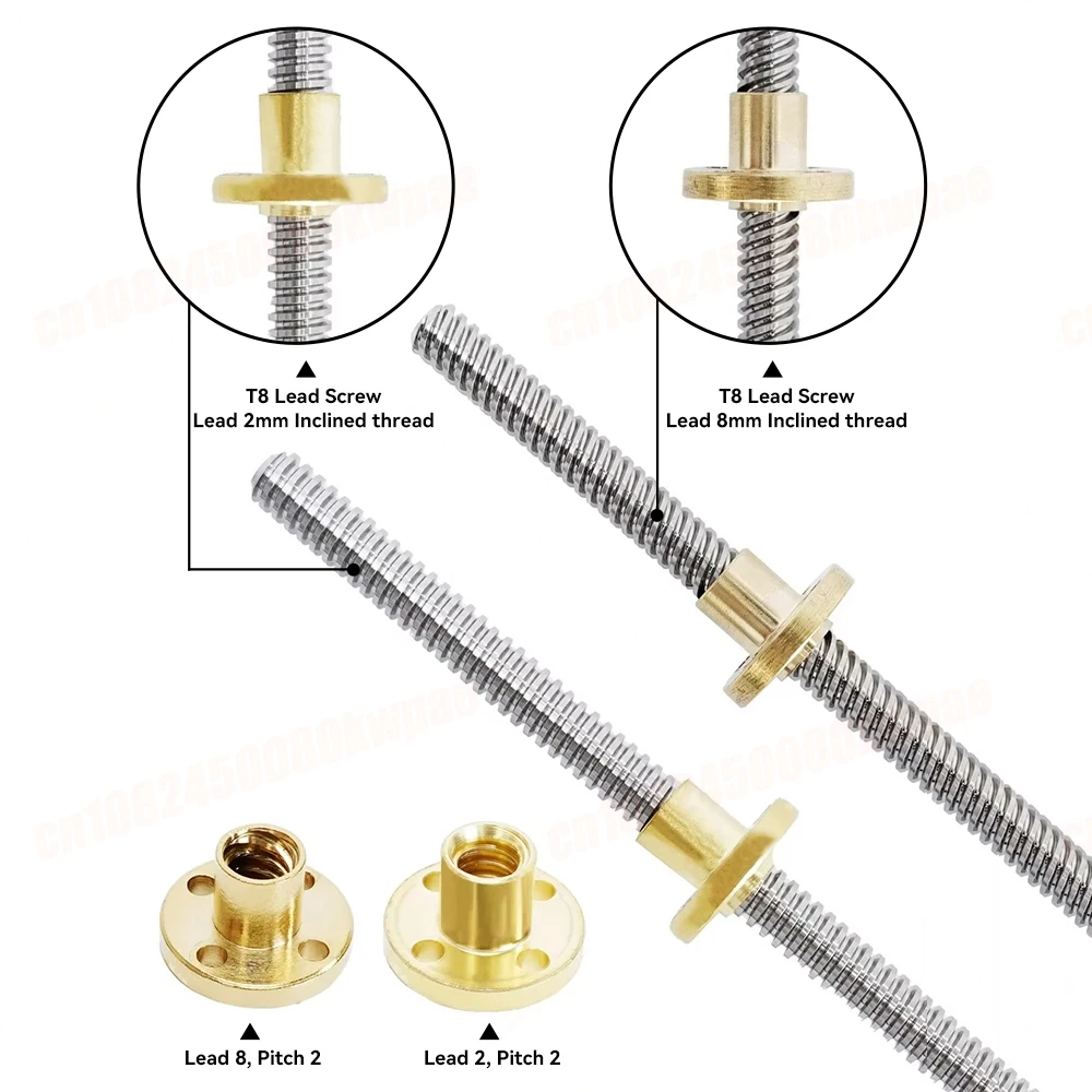 Śruba gwintowana T8 z mosiężną nakrętką, średnica zewnętrzna 8mm, skok gwintu 2mm, skok 2mm/średnica gwintu 8mm, długość 100-500mm, śruba gwintowana T8, części do drukarek 3D Reprap — zdjęcie produktu 2
