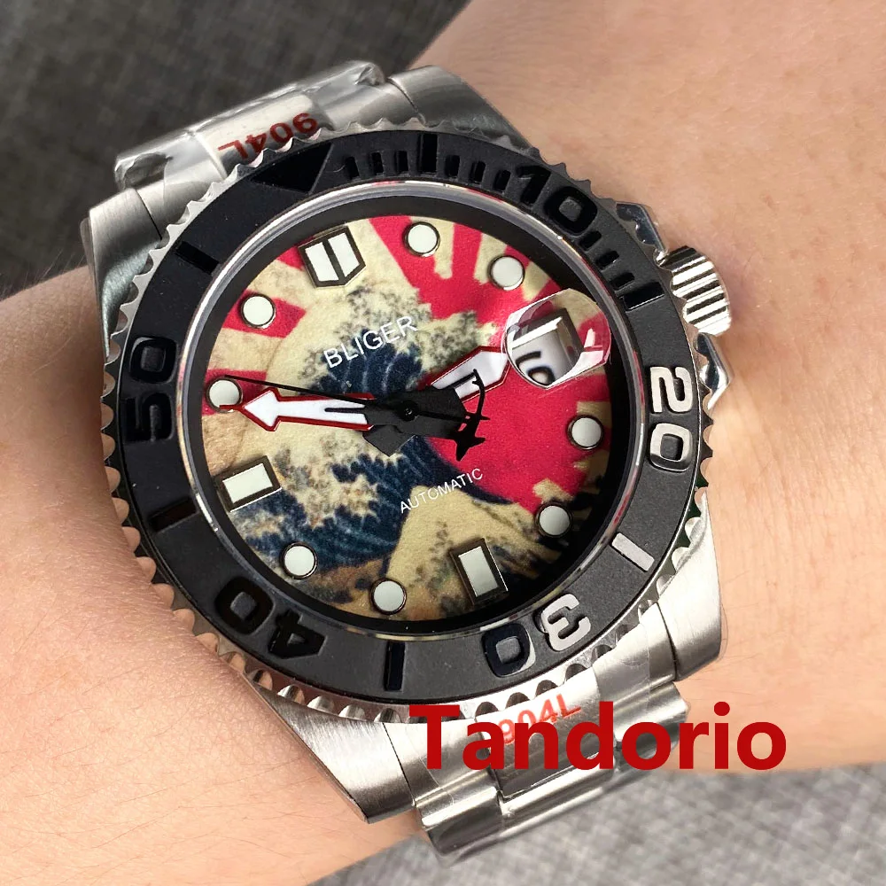

40mm Bliger Green Luminous Dial NH35A Sapphire Glass Date Windown Stainless Bracelet Auto Men Watch Black Ceramic Ring