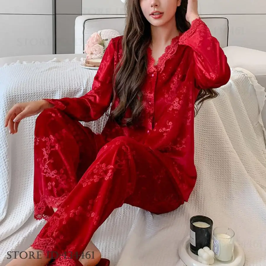 Autumn Winter New Female Pajama Loungewear Chinese Style Jacquard Plum Blossom Velvet Sleepwear Trouser Suits Sexy Home Wear