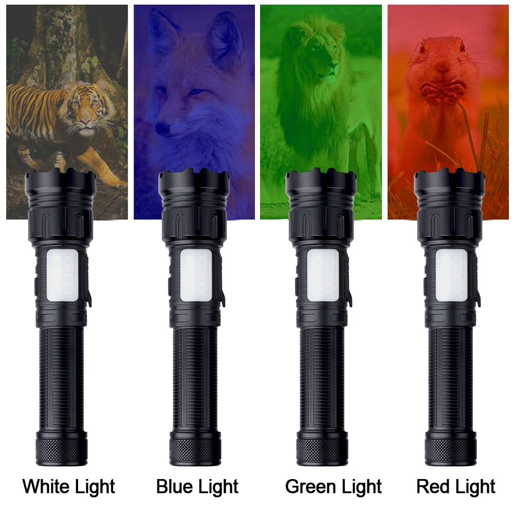 4 in 1 Zoomable Hunting Flashlight 30W 4000LM White+Green+Red+Blue 7 Modes Multi-color Outdoor Waterproof Type-C Charging Torch