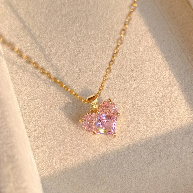 2024 New Fashion Trendy Y2k Crystal Pink Zircon Heart Pendant Necklace For Women Girl Elegant and Sweet Punk Party Jewelry