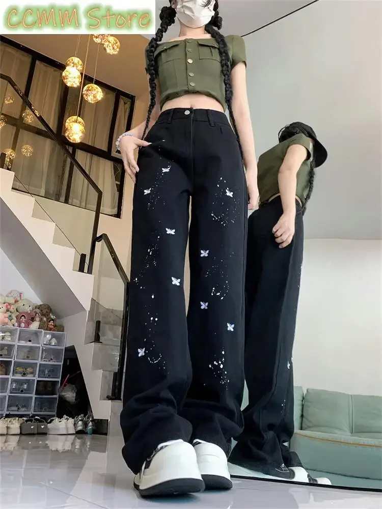 Women's Splashing Ink Butterfly Pattern Black Pants High Waisted Straight Vintage 90s Streetwear Female Casual Straight Trouser