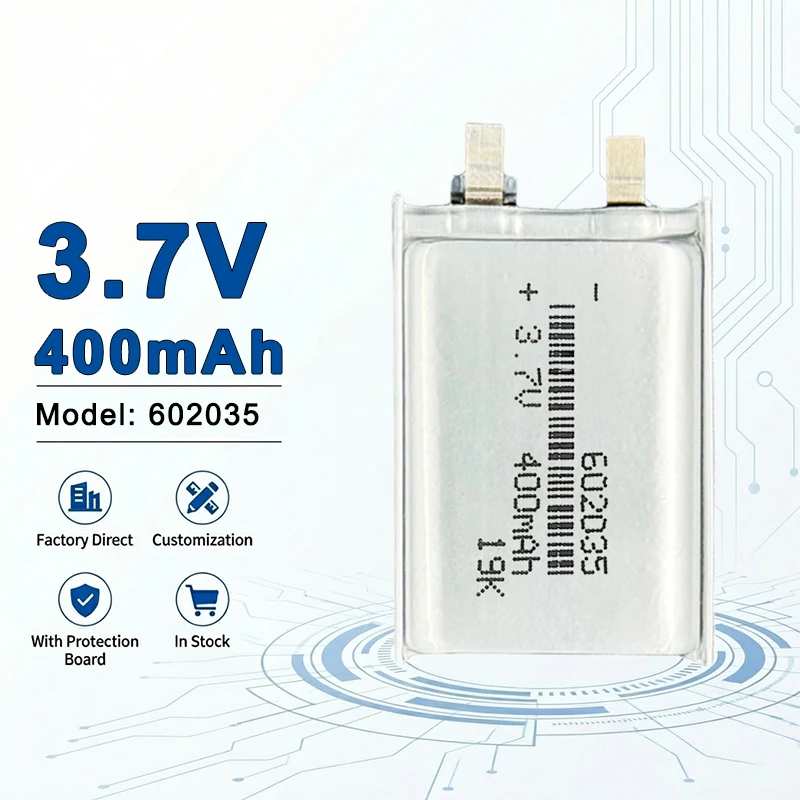602035 3.7V 400mAh Long Cycle Life Rechargeable Li-Polymer Battery for Smart Wearables Mini Electronic Devices 602040 602050
