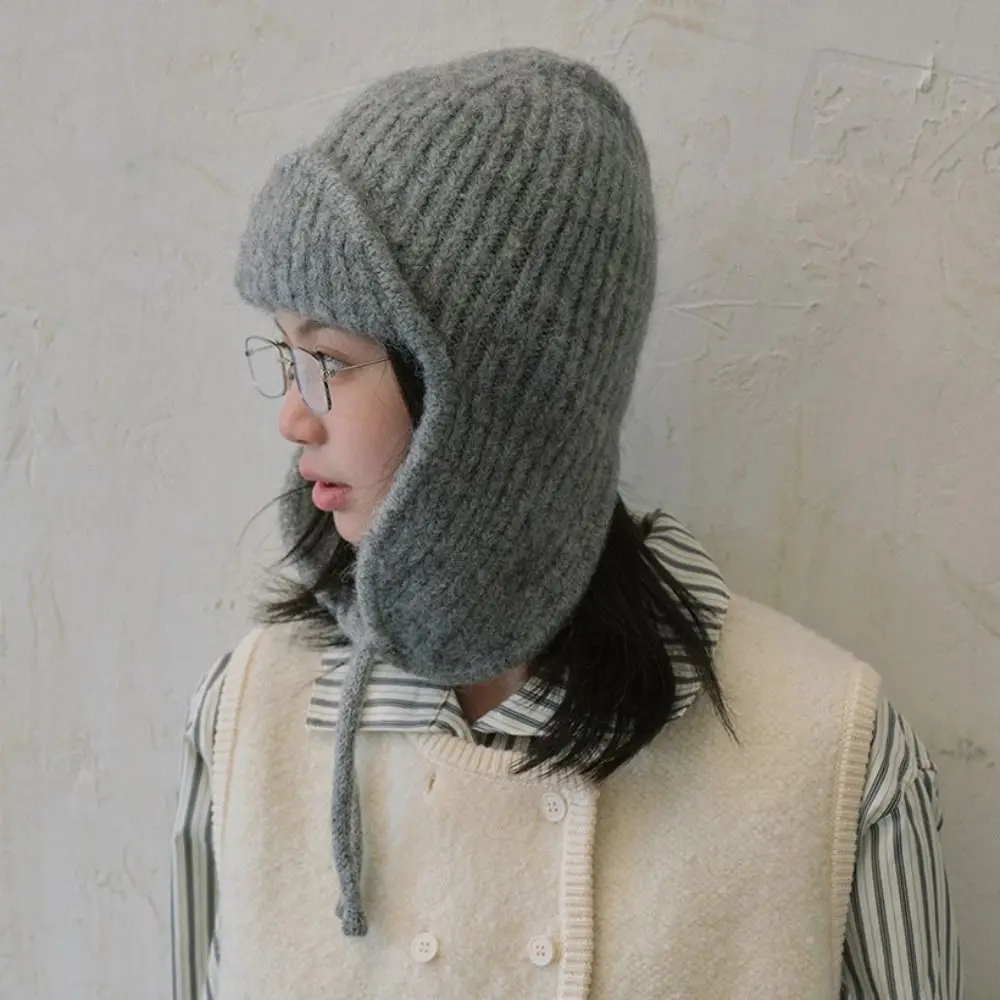 Windproof Warm Pilot Hat Soft Earmuff Winter Knitted Cap Thickened Lace-up Wool Blend Hat Ride Headgear