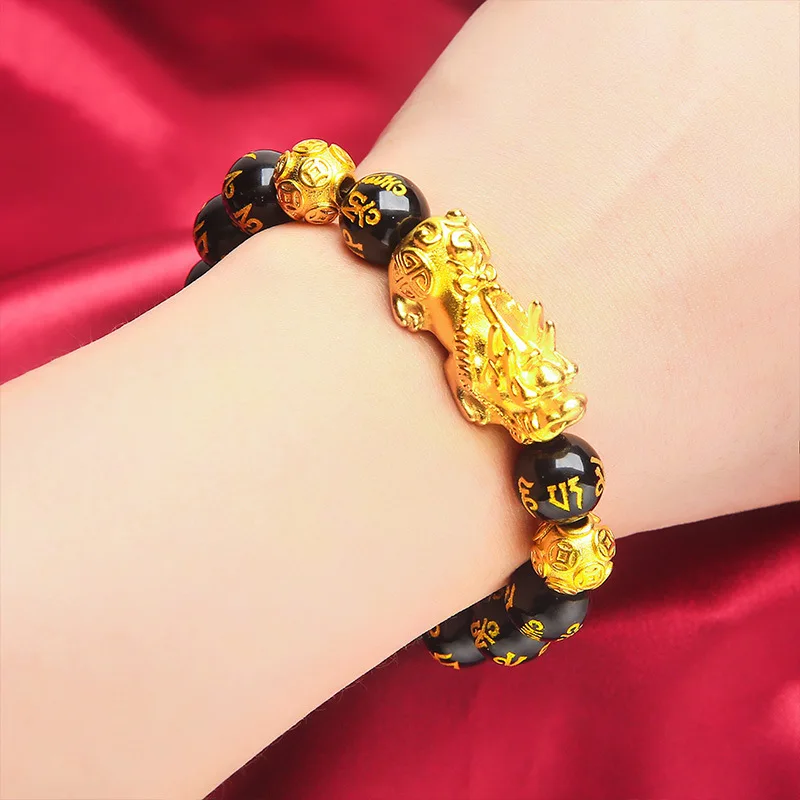 سوار رجالي Lucky Pixiu من الذهب عيار 24 قيراط، زوجين AU999 - عملات Pixiu Biting + انكسار الخرز، نمط CP الأثرياء، عصري يجب اقتناؤه