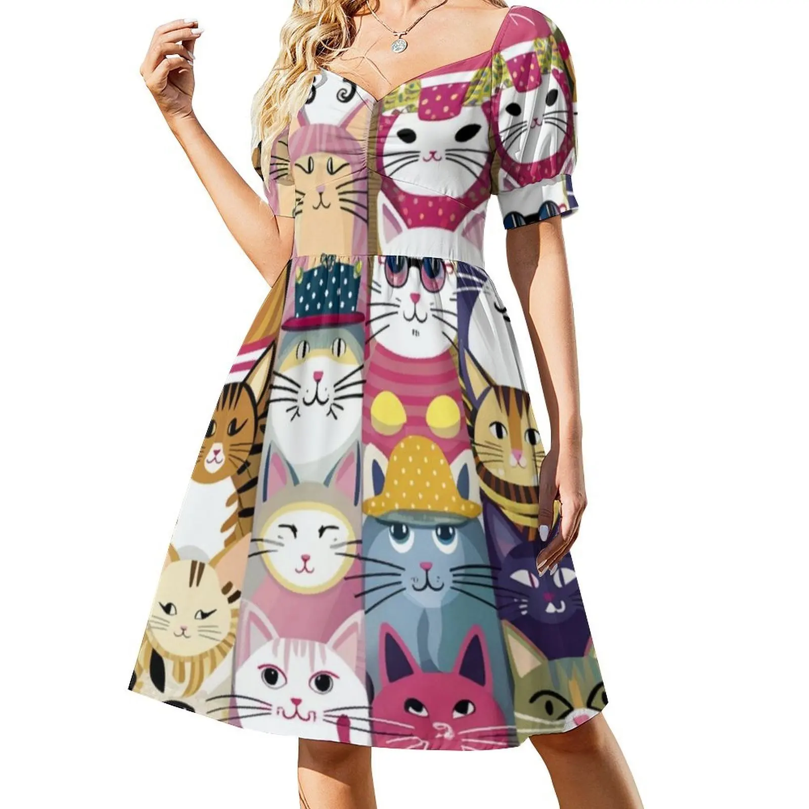 القط سلس نمط التوضيح البوهيمي بلا أكمام فستان متعدد طباعة عطلة الشاطئ فستان الحفلات القط التوضيح القط