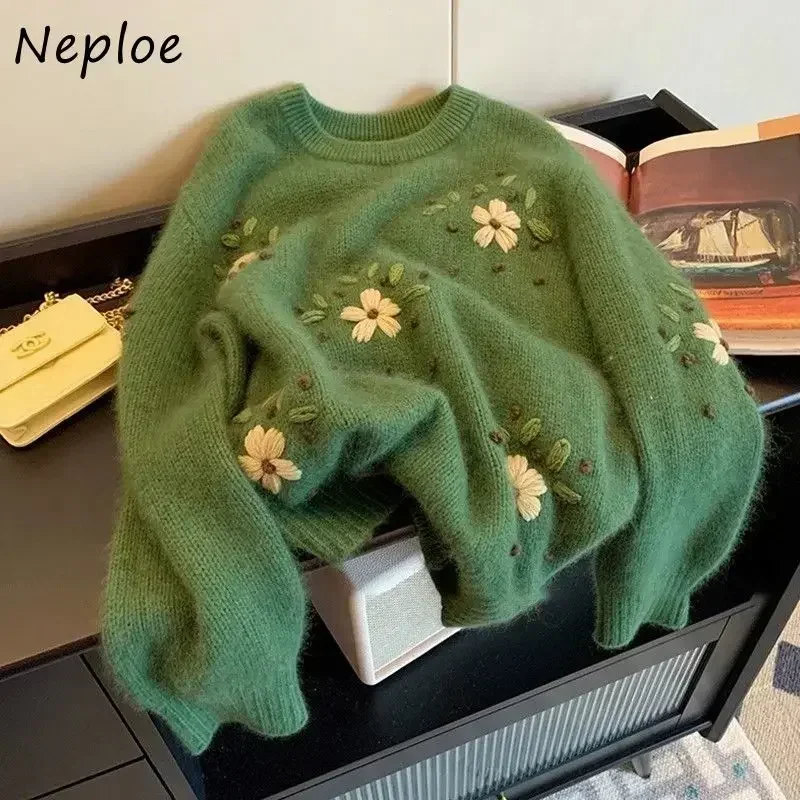 Neploe-suéter de cuello redondo con bordado Retro para Mujer, jerséis verdes perezosos, Tops de punto de manga larga Y2k, Otoño, 2024