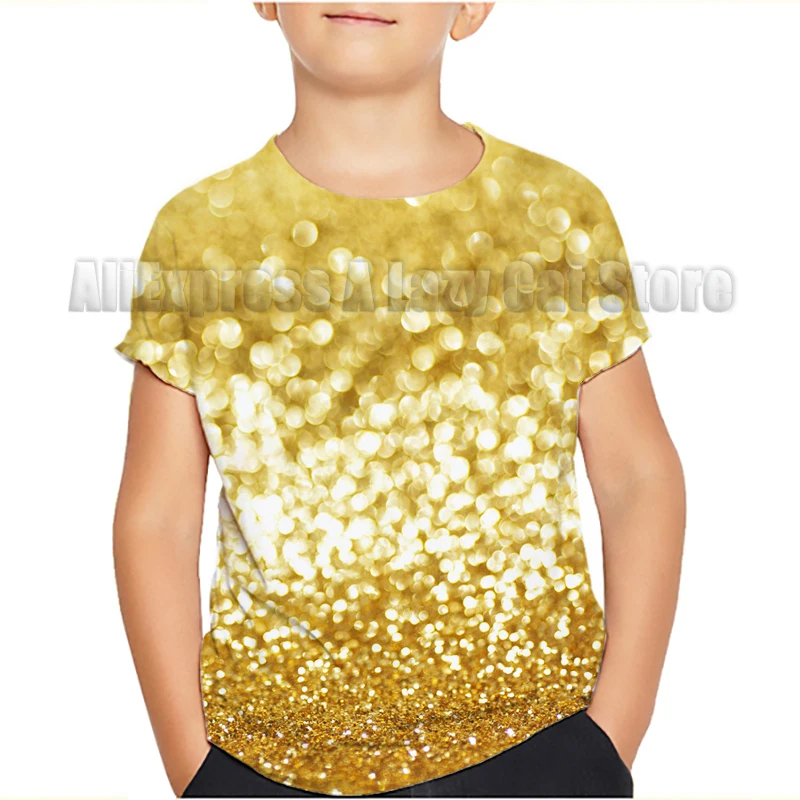 Shiny Gold T-Shirts 3D Tees Fashion Boys Girls Children O-Neck Oversized Short Sleeve Summer Casual Kids Tops 2023