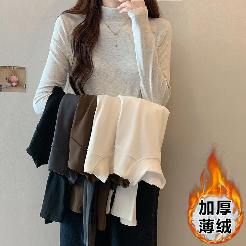 

Winter Women Padded Warm Long-sleeved T-shirt Fashion Casual Solid Color Versatile Half-high Neck Slim Top Tees Bottoming Shirt