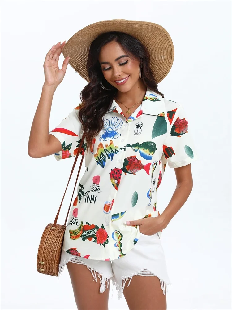 

2025 Women's Short-sleeved Shirts With Abstract Underwater Biological Prints For A Fashionable And Casual Summer Vacation