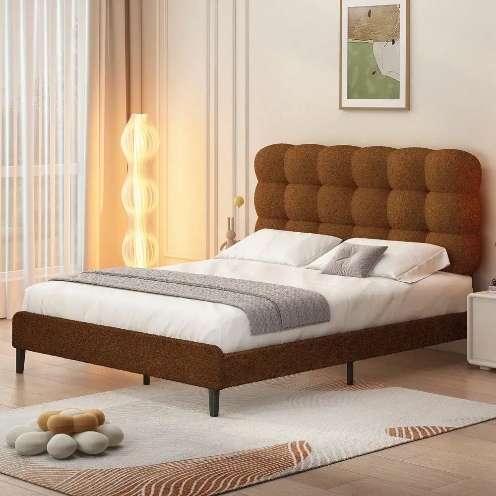 Platform Bed Frame With Headboard, Boucle Upholstered Bed Frame With Strong Wooden Slats Support, Two Bed Forms Design, Bedroom