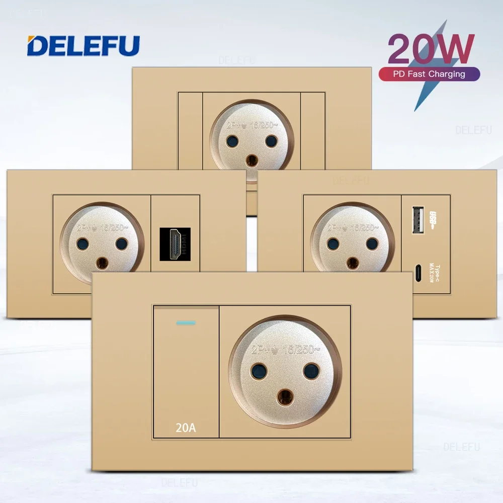 

Огнезащитная панель DELEFU SC31, золотая израильская стандартная USB-розетка типа C, настенная розетка для быстрой зарядки, спутниковое ТВ, телефон CAT5 CAT6