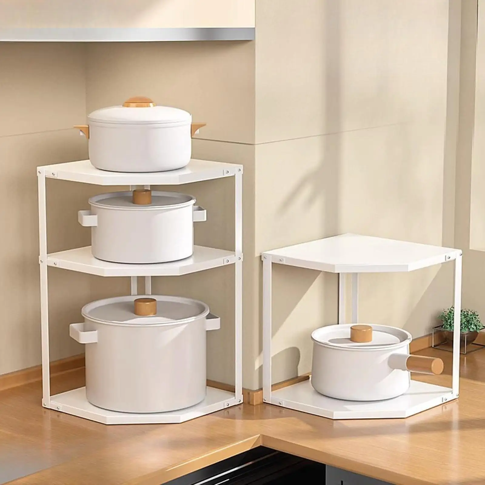 

Corner Shelf Rack for Kitchen Fan Shaped Cookware Stand Counter and Cabinet Organizer for Bathroom Table Desk Pantry Cupboard