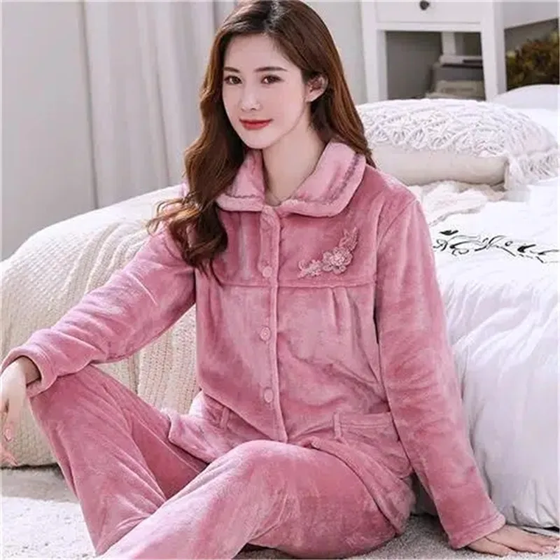 2024 New Autumn Winter Thicken Warm Flannel Pajamas Women\'s Clothes Loose Long-sleeved Home Clothes Female 2-piece Suit Pajamas