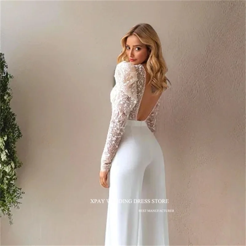 XPAY Modern White Formal Evening Jumpsuit Pant Women O-Neck Puff Long Sleeves Custom Backless Wedding Outfit Special Occasion