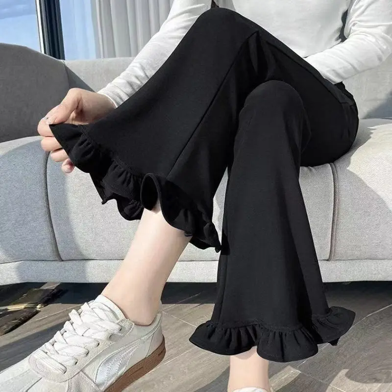 2026 Summer Black Ruffles High Waist Micro Flared Pants for Women Korean Loose Slim Fit and Slimming Ankle Length Pants Trousers