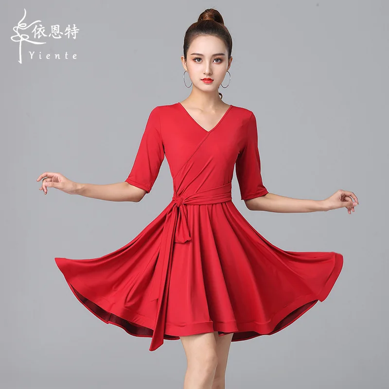 

1 шт./лот, женское модное платье до колен в латинском стиле, однотонное, с коротким рукавом, для ча-ча-ча, летнее плиссированное платье