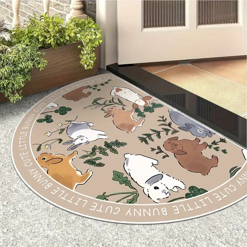 Cartoon Rabbit Semi Circular Doormat Non Slip Entrance Welcome Mat Childrens Room Kitchen Rug Home Decor