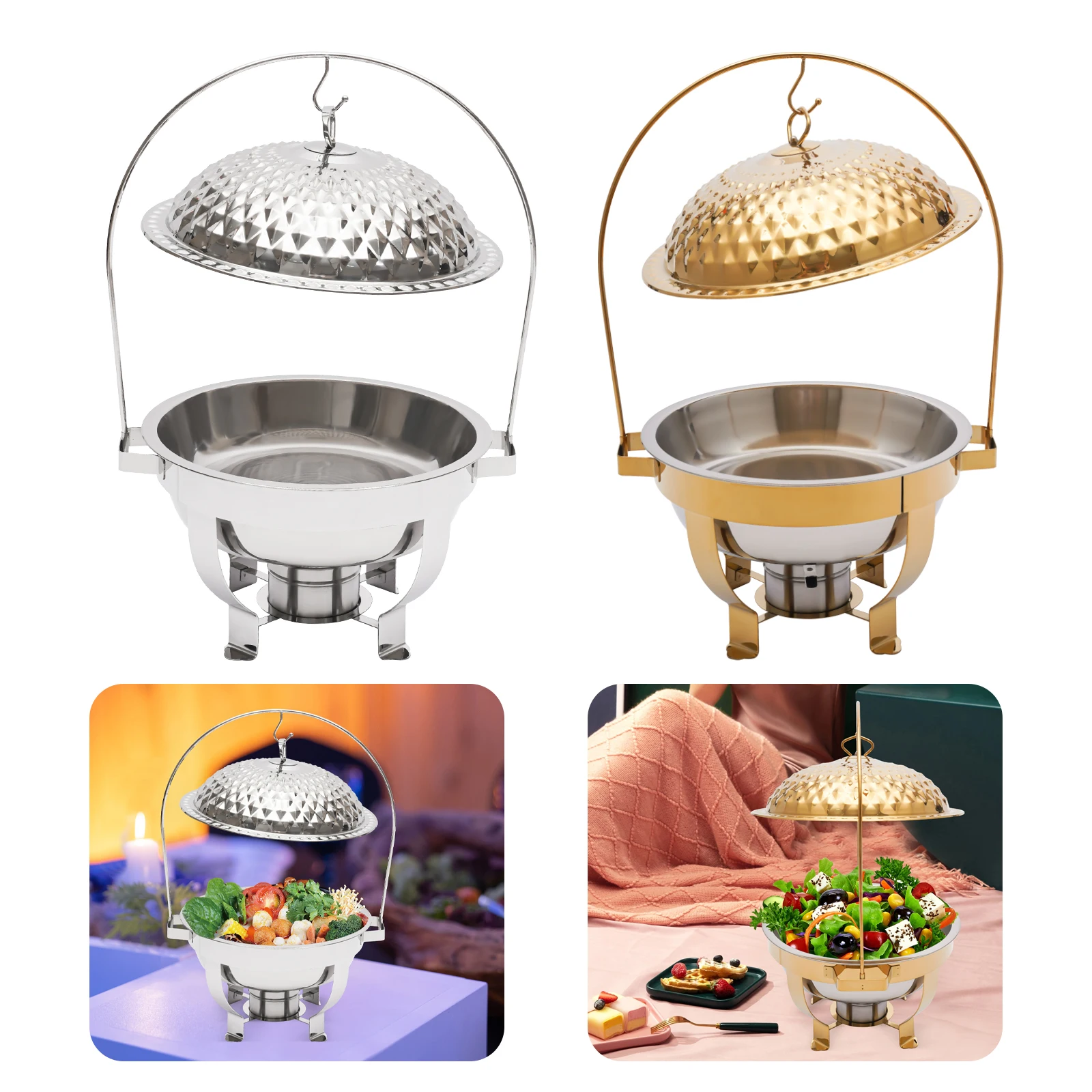 

4.5L Gold/Silver Round Round Food Pan,Countertop Stainless Steel Warmers Set Warming Tray for Wedding,Parties