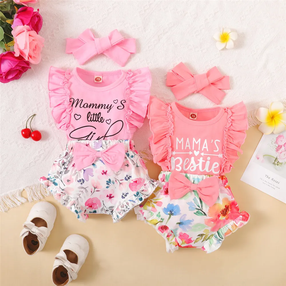 0-18Months Newborn Baby Girl Clothes Mommy\'s Girl Print Sleeveless Romper Top+Flowers Shorts+Headband Summer Lovely 3PCS Outfit