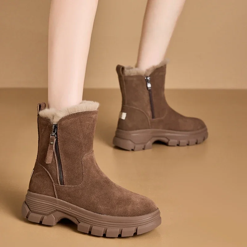 AUTUSPIN-Botas de nieve de cuero de ante para mujer, zapatos planos con plataforma, con cremallera lateral, cálidos, de felpa, para ocio al aire