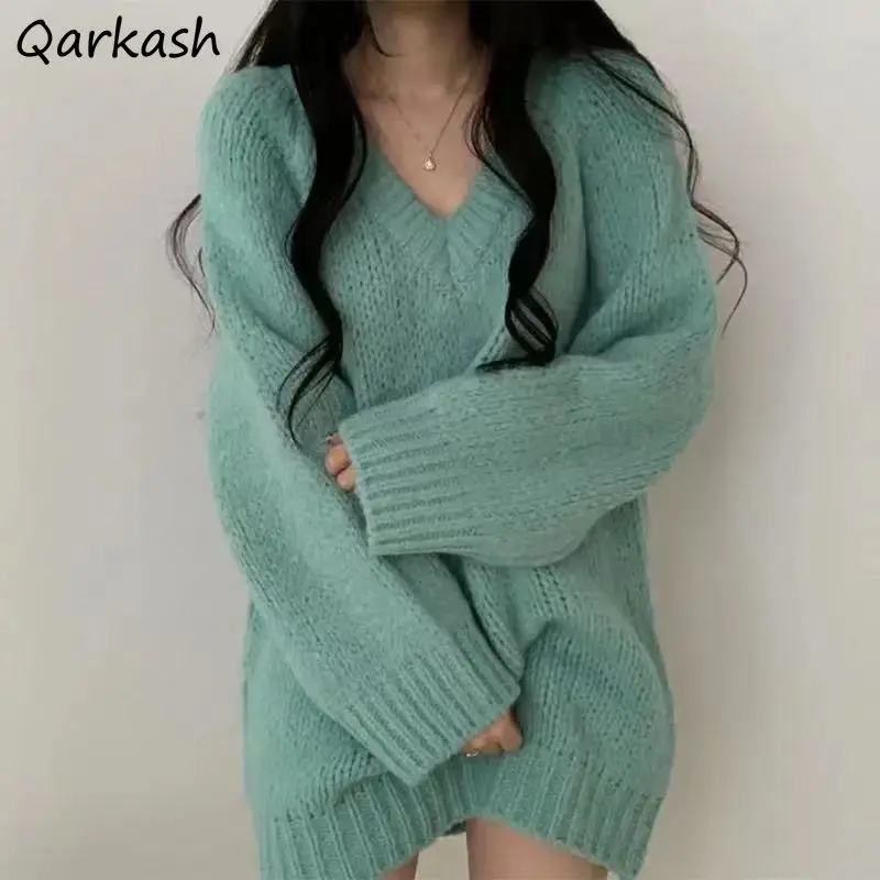 

Pullovers Women Loose Vintage V-neck Trendy Ulzzang Chic Female Knitted Long Sweaters Leisure Pure Color Lazy Gentle Autumn 6XL