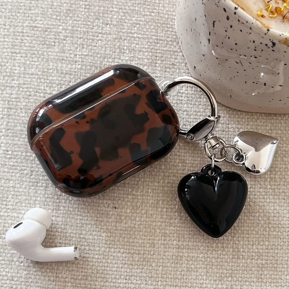 korea luxury amber colour gloss earphone case for airpods 4 3 2 1 pro 2nd wireless bluetooth charging box 3D love heart pendant