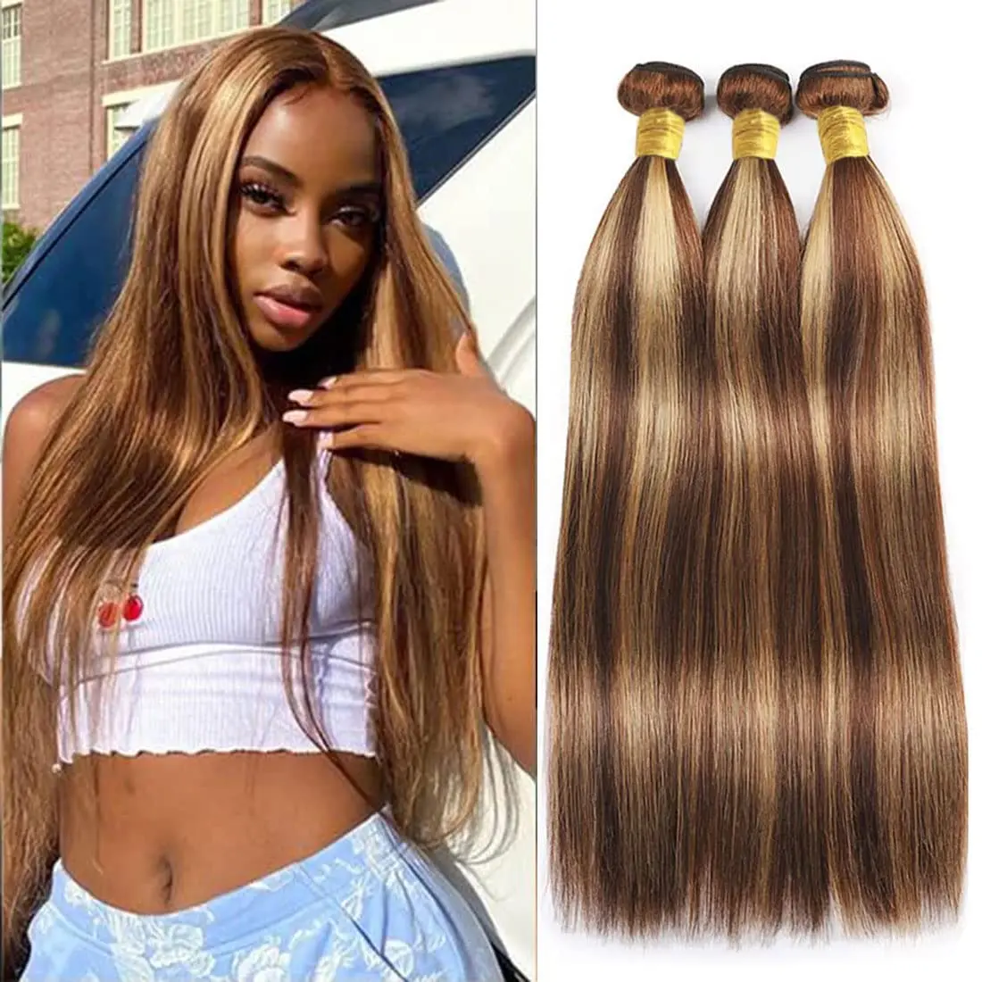 Destaque o cabelo humano reto para mulheres, marrom colorido, pacotes brasileiros do Weave, P4 27, 30 ", 32"