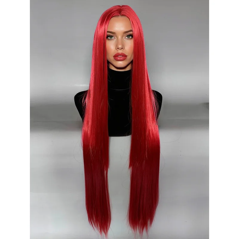 باروكة أنمي طويلة للديكور، شعر مستعار طويل مستقيم بنصف ونصف شعر مستعار أحمر ورمادي طويل